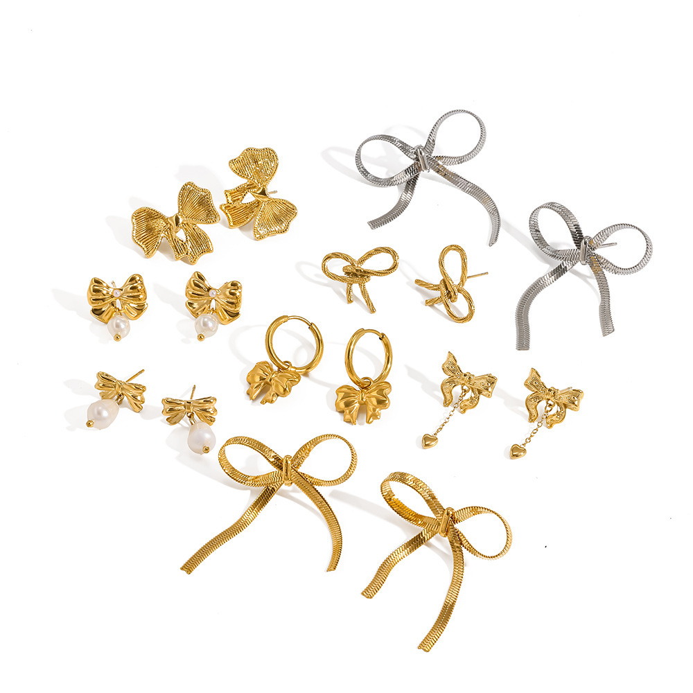 Boucles D'Oreilles Puces Pour Femmes, Style Nœud Papillon Géométrique, En Acier Inoxydable Étanche, Collection Simple Series Daily. Image5