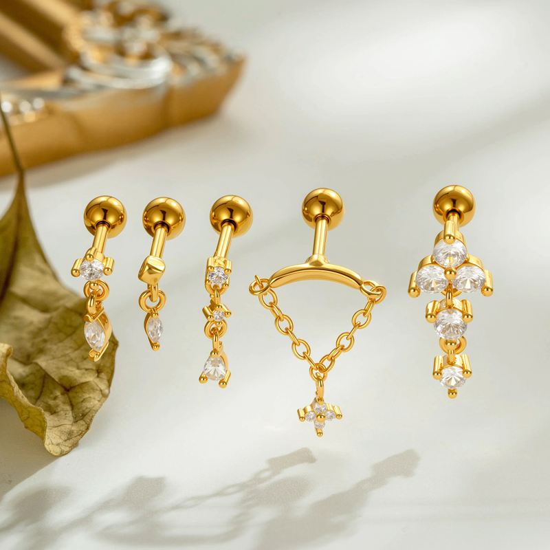 Boucles D'Oreilles Piercing Pour Femme, Forme Géométrique Simple, Couleur Cuivre Doré, Zircon. h5Image4