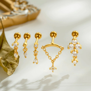 Boucles D'Oreilles Piercing Pour Femme, Forme Géométrique Simple, Couleur Cuivre Doré, Zircon. h5 Image4