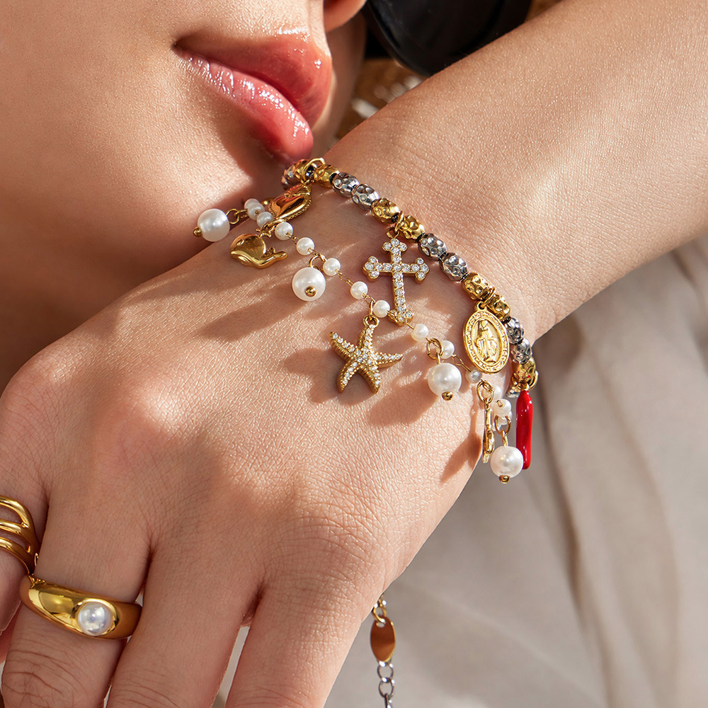 Bracelets De Perles Pour Femmes, En Acier Inoxydable Imperméable, Couleur Or, Ornés De Perles Artificielles, Collection Luxe. Image2