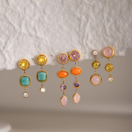 Boucles d'oreilles pendantes rétro à pompons en acier inoxydable, étanches, couleur or, avec pierre naturelle et zircon.