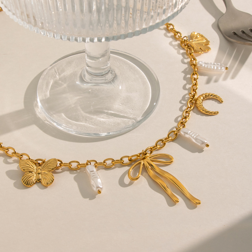 Colliers Pendentifs Pour Femmes Avec Pendentif Papillon En Acier Inoxydable Étanche Couleur Or Et Perle Image4