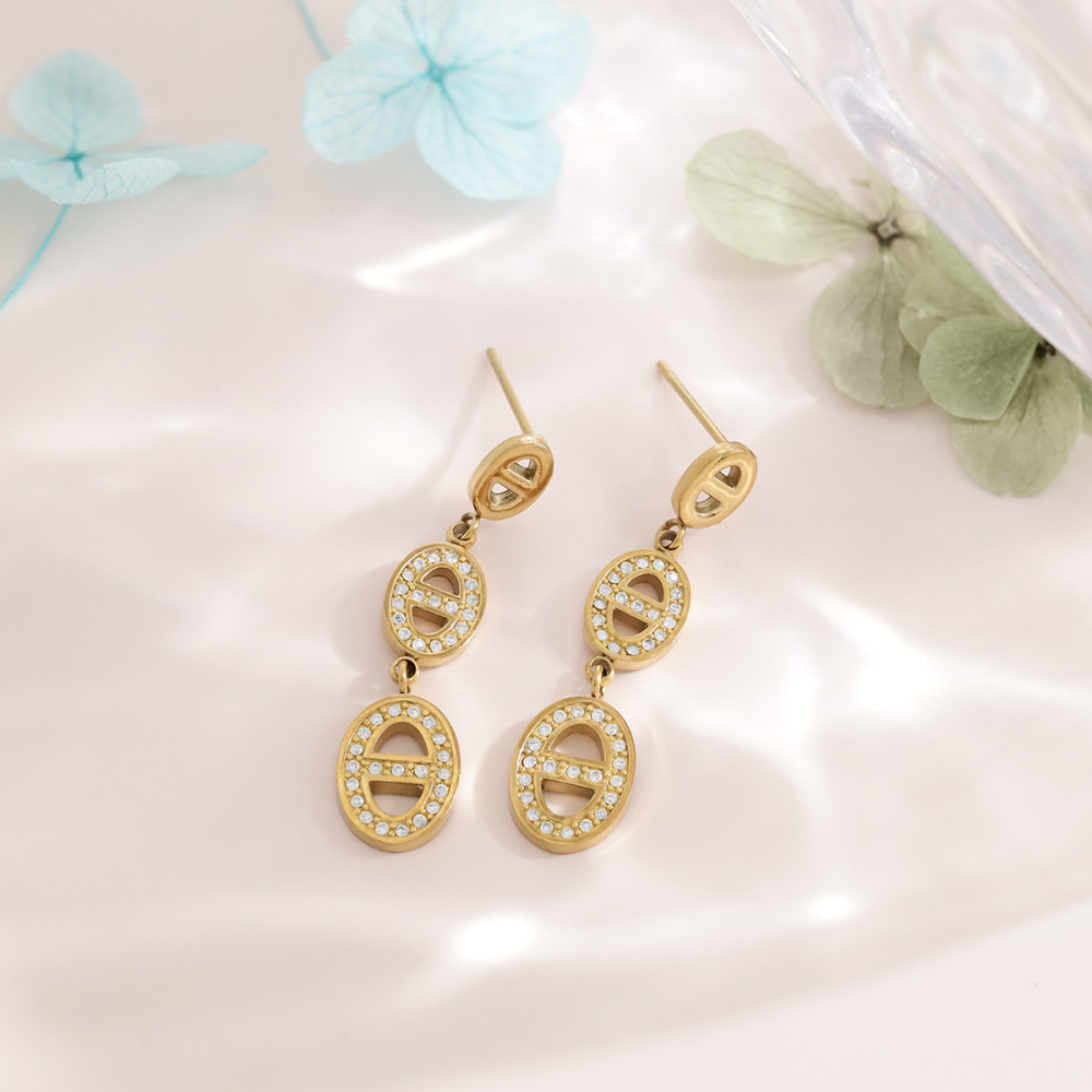 Boucles D'Oreilles Pendantes Pour Femme, Forme Géométrique, En Acier Inoxydable, Étanches, Couleur Or, Ornées De Strass. Image3