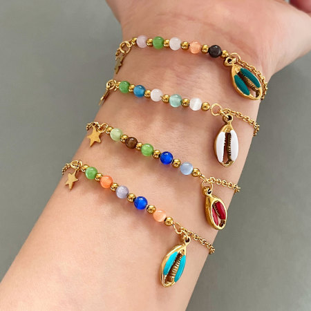 Bracelets à breloques pour femmes, en acier inoxydable, couleur or, avec coquillage émaillé, étanches.