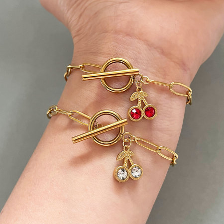 Bracelets à breloques pour femmes en acier inoxydable doré, étanches, avec strass et cerises douces