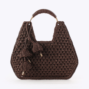 Sac Trapèze Pour Femme En Raphia Tissé Ajouré À Motif Floral, Style Décontracté h5