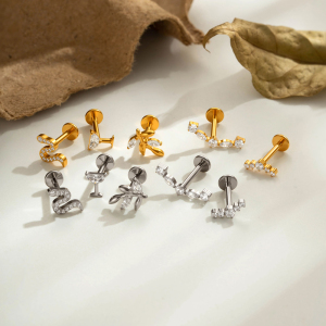 Boucles D'Oreilles Piercing Pour Femme, Modèle Simple Series Leaf Snake, En Alliage De Titane Doré Et Zircon. h5 Image4