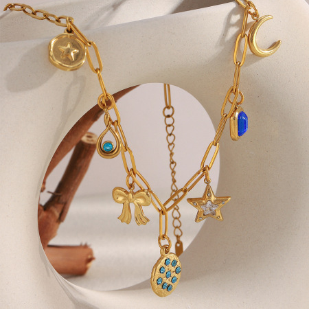 Colliers pendentifs pour femmes en acier inoxydable, ornés d'un nœud papillon, d'une étoile et d'une lune, et de zircon doré, étanches.