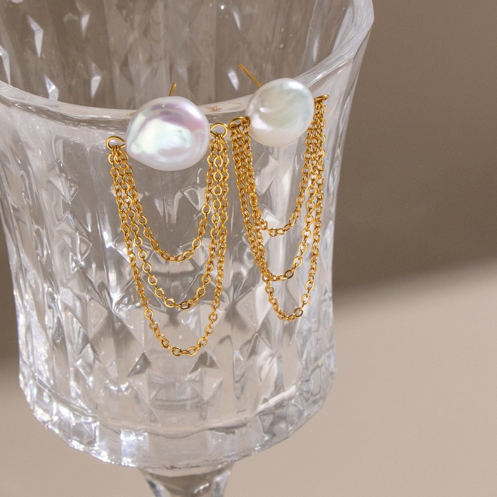 Boucles D'Oreilles Pendantes Pour Femmes En Acier Inoxydable Étanche, Couleur Or, Avec Perles Image4
