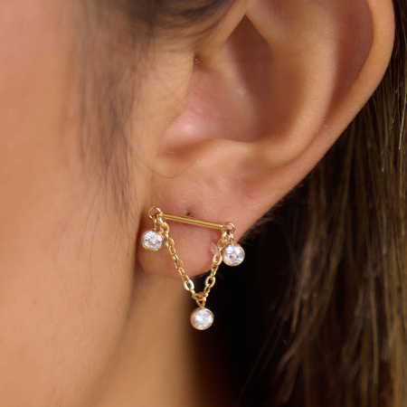 Boucles d'oreilles pendantes pour femme, style décontracté, en acier inoxydable, couleur or, avec zircon et chaîne triangulaire, étanches. 2