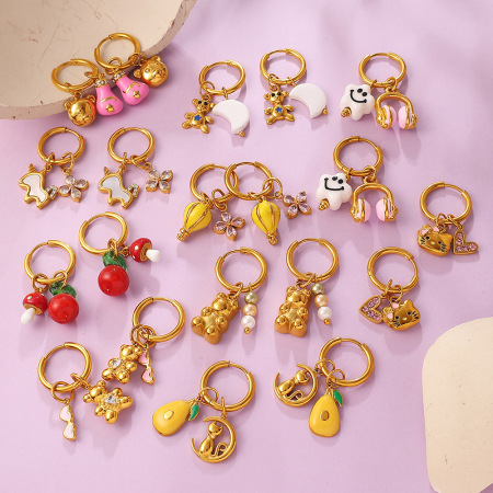 Boucles d'oreilles pendantes pour femme, motif fleurs et animaux, en acier inoxydable étanche, couleur or.