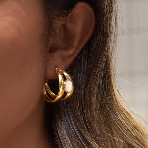 Boucles D'Oreilles Puces Pour Femmes, En Acier Inoxydable Étanche, Couleur Or, Style Cercle Ajouré, Collection Simple Series h5 Image4