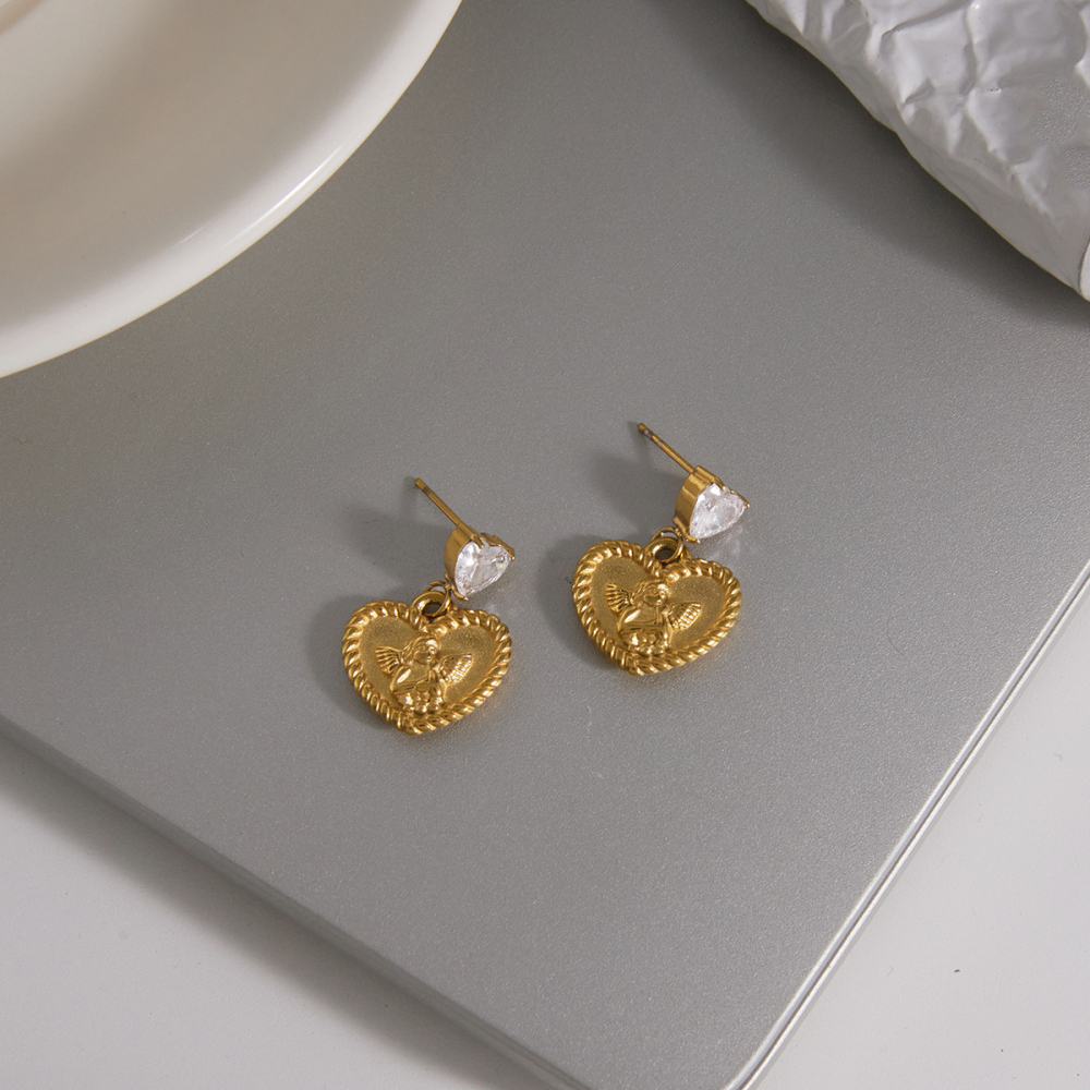 Boucles D'Oreilles Pendantes Pour Femme, Collection Romantique Sweet Heart Angel, En Acier Inoxydable Étanche, Couleur Or Et Zircon. Image3