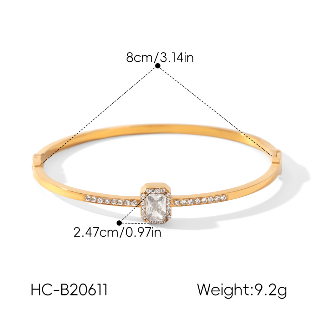 Bracelet Jonc De Luxe Simple Pour Femme, De Forme Rectangulaire, En Acier Inoxydable Imperméable, Couleur Or, Orné De Zircon. Image2