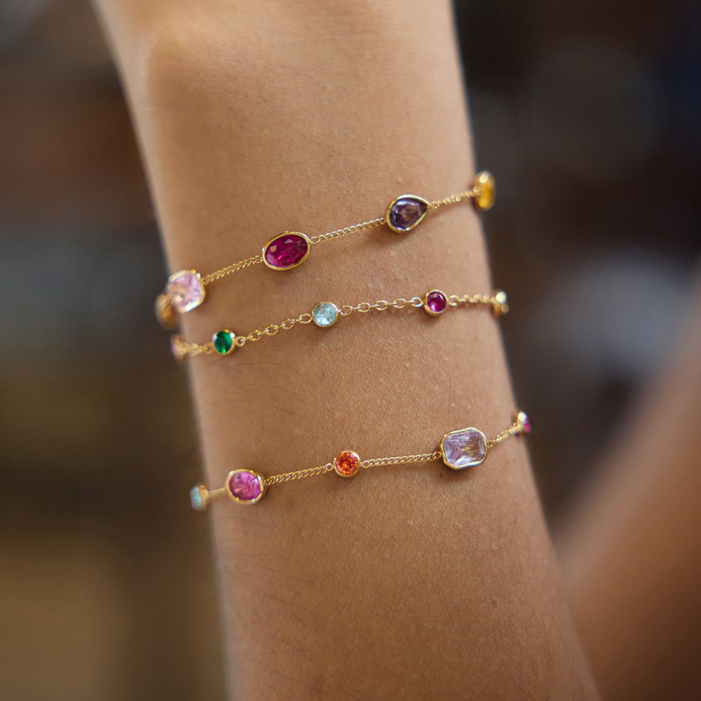 Bracelet À Maillons Pour Femme, Luxueux, Élégant Et Original, En Acier Inoxydable Imperméable, Orné De Zircon Et De Motifs Elliptiques Patchwork. Image3