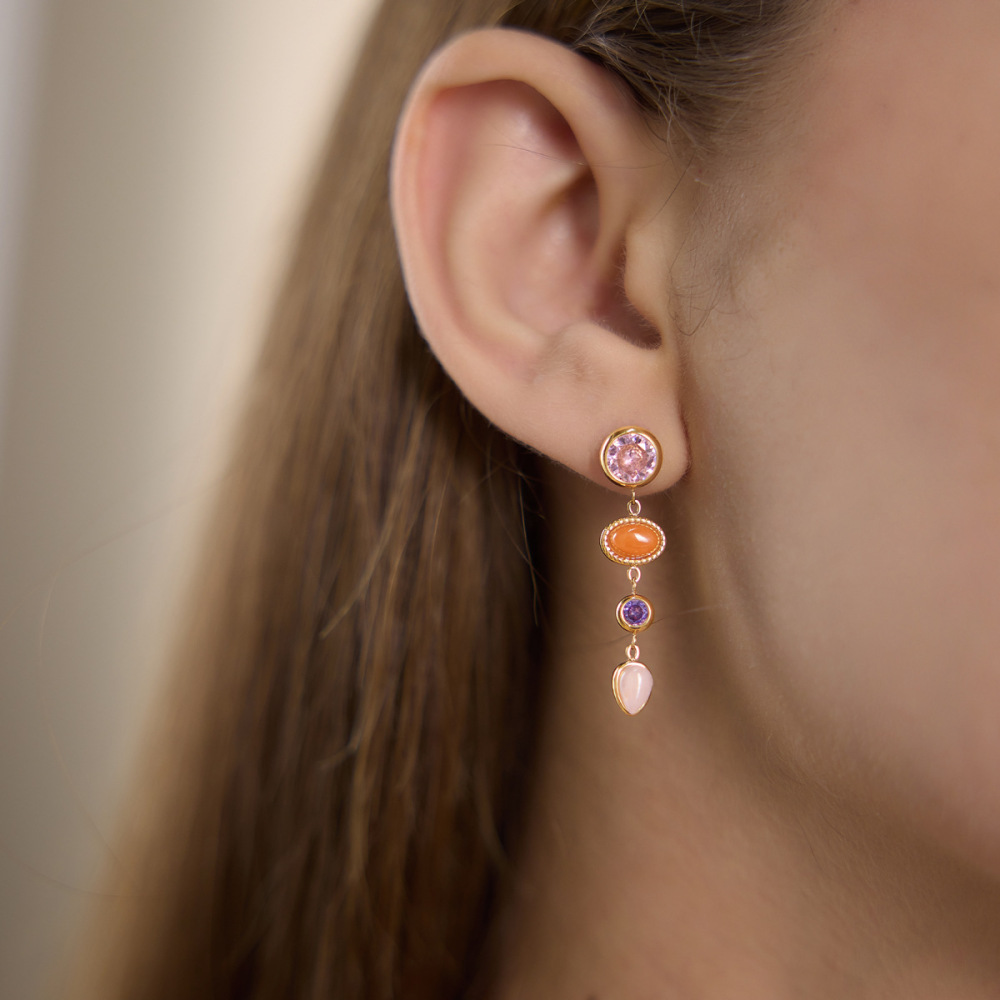 Boucles D'Oreilles Pendantes Rétro À Pompons En Acier Inoxydable, Étanches, Couleur Or, Avec Pierre Naturelle Et Zircon. Image4