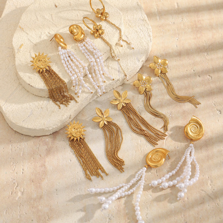 Boucles d'oreilles pendantes pour femme, élégantes et simples, avec pompons soleil, en acier inoxydable étanche, couleur or. 2