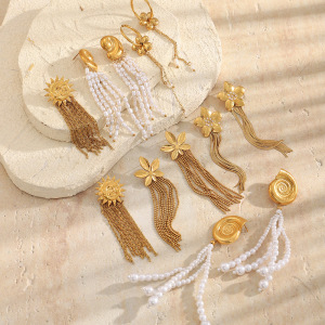 Boucles D'Oreilles Pendantes Pour Femme, Élégantes Et Simples, Avec Pompons Soleil, En Acier Inoxydable Étanche, Couleur Or. h5 Image2