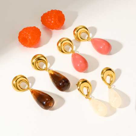 Boucles d'oreilles pendantes pour femmes, style rétro, en acier inoxydable, imperméables, couleur or et acrylique, collection classique. 2