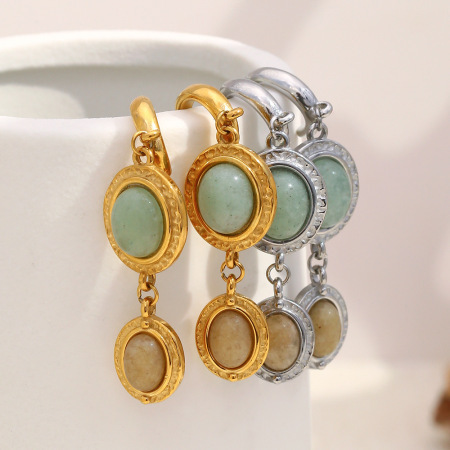 Boucles d'oreilles pendantes pour femme, forme elliptique patchwork simple, acier inoxydable, couleur or, imperméables, avec pierre naturelle 2