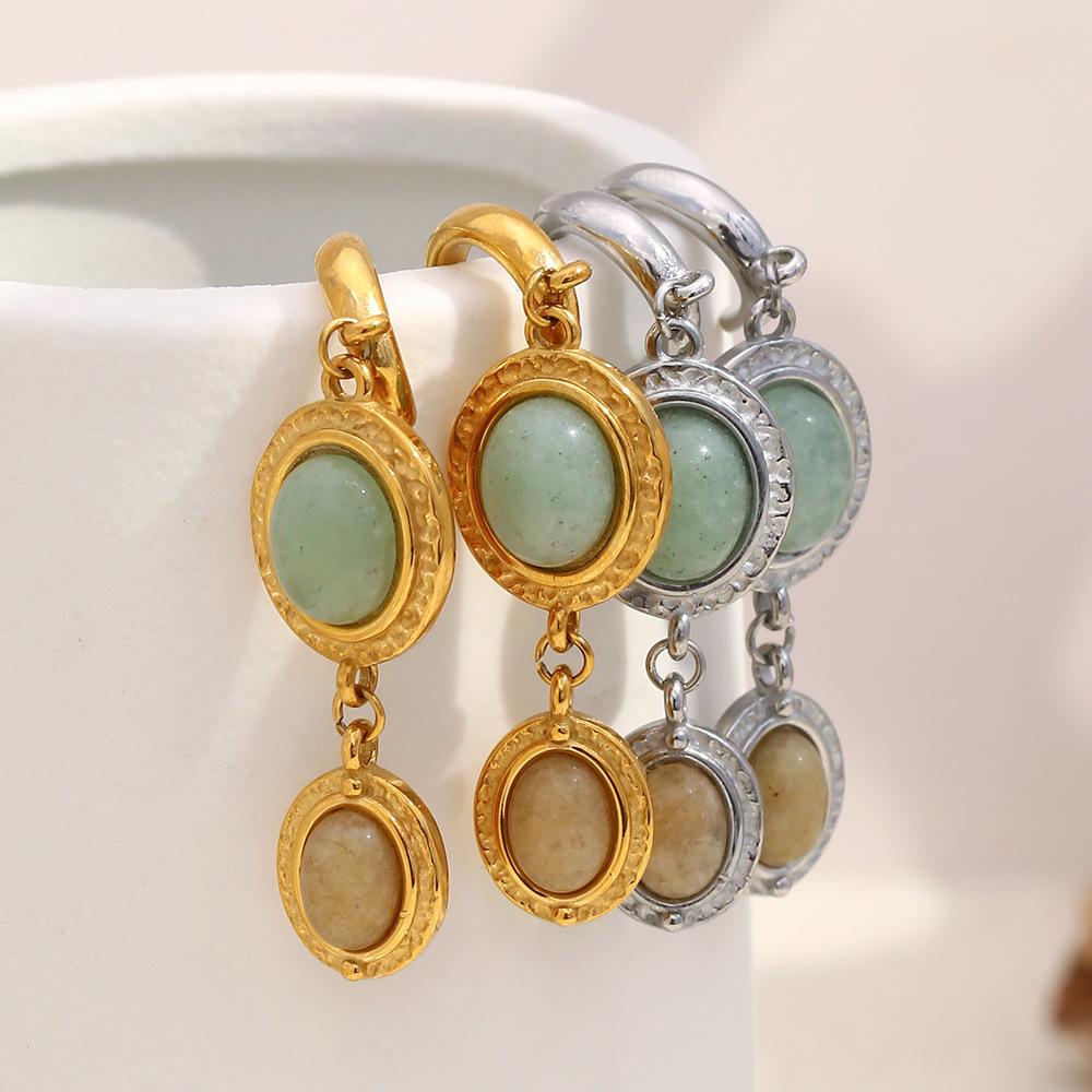 Boucles D'Oreilles Pendantes Pour Femme, Forme Elliptique Patchwork Simple, Acier Inoxydable, Couleur Or, Imperméables, Avec Pierre Naturelle Image2
