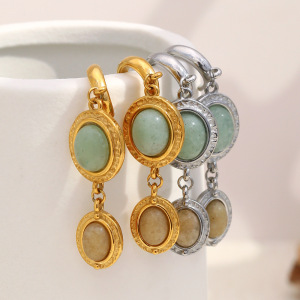 Boucles D'Oreilles Pendantes Pour Femme, Forme Elliptique Patchwork Simple, Acier Inoxydable, Couleur Or, Imperméables, Avec Pierre Naturelle h5 Image2