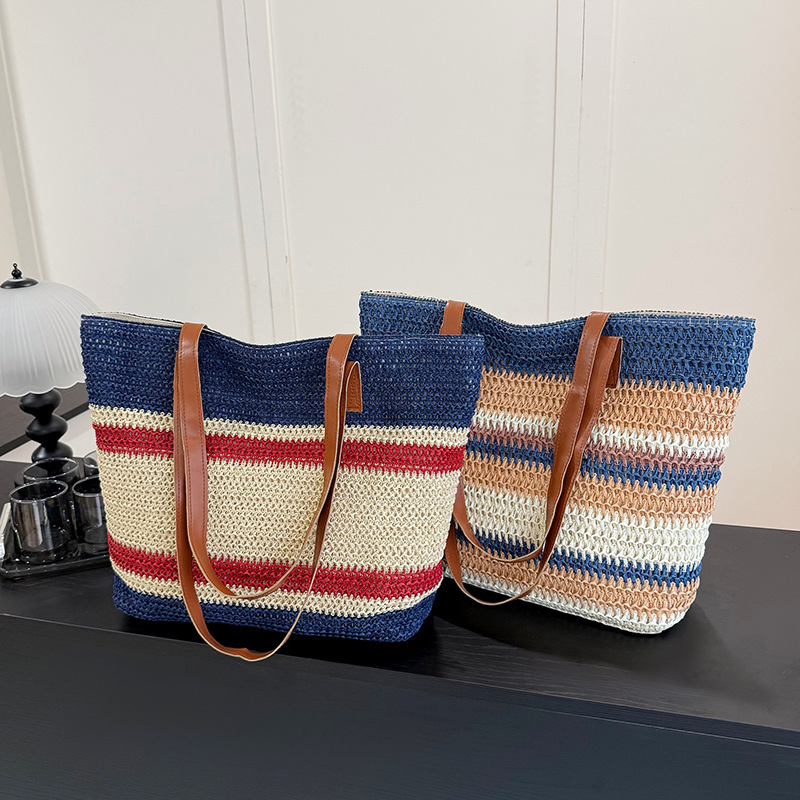 Sac Carré Pour Femme En Raphia Tissé À Rayures Multicolores, Style Décontracté Image3