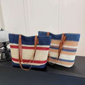 Sac Carré Pour Femme En Raphia Tissé À Rayures Multicolores, Style Décontracté h5 Image3