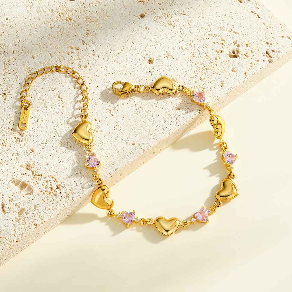 Bracelet Chaîne Femme En Acier Inoxydable Imperméable, Orné De Zircon Et De Motifs Patchwork Cœur Romantique h5Image4