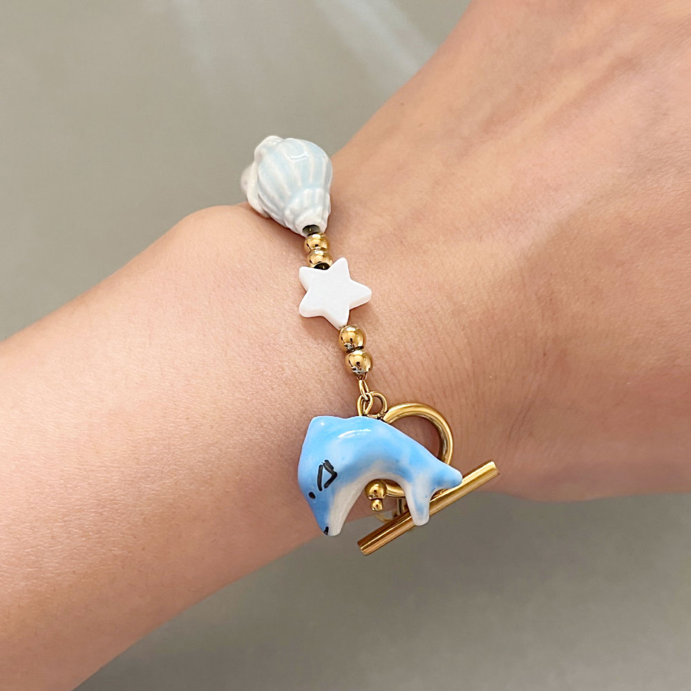 Bracelets À Breloques Pour Femmes, Style Océanique, En Céramique, Avec Poissons, En Acier Inoxydable, Étanches, Couleur Or Image3