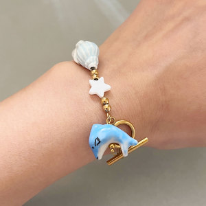 Bracelets À Breloques Pour Femmes, Style Océanique, En Céramique, Avec Poissons, En Acier Inoxydable, Étanches, Couleur Or h5 Image3