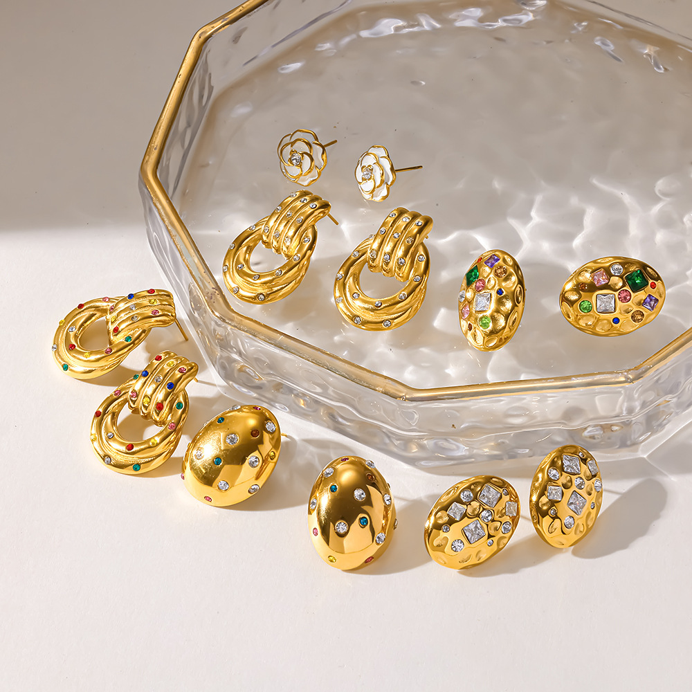 Boucles D'Oreilles Puces Pour Femmes, Collection Simple Series Daily Polka Dots, Forme Elliptique, Acier Inoxydable, Couleur Or, Zircon, Étanches. Image3