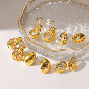 Boucles D'Oreilles Puces Pour Femmes, Collection Simple Series Daily Polka Dots, Forme Elliptique, Acier Inoxydable, Couleur Or, Zircon, Étanches. h5 Image3