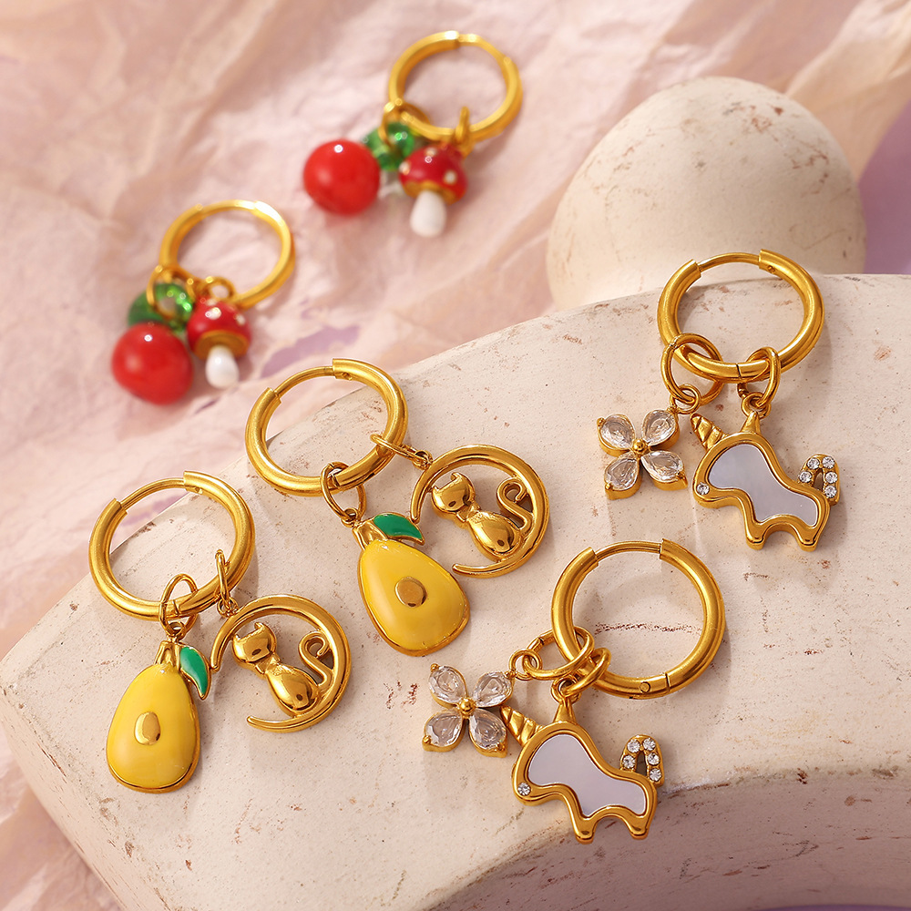 Boucles D'Oreilles Pendantes Pour Femme, Motif Fleurs Et Animaux, En Acier Inoxydable Étanche, Couleur Or. Image3