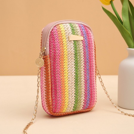 Sacs pour téléphone en raphia tissé à rayures multicolores 2