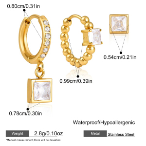 Ensembles De Boucles D'Oreilles Pour Femmes, Style Rectangulaire Simple, En Acier Inoxydable, Étanches, Couleur Or, Avec Zircon. h5 