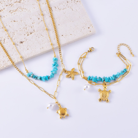 Ensembles de colliers pour femmes, style ethnique, inspirés des vacances et de l'océan, avec perles de pierre naturelle et acier inoxydable étanche. 2