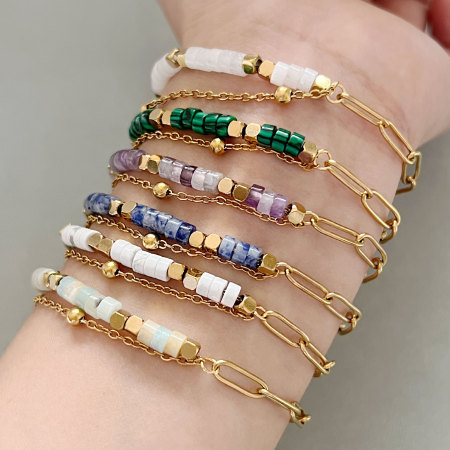 Bracelets pour femmes en perles, acier inoxydable, imperméables, couleur or, avec pierres naturelles.