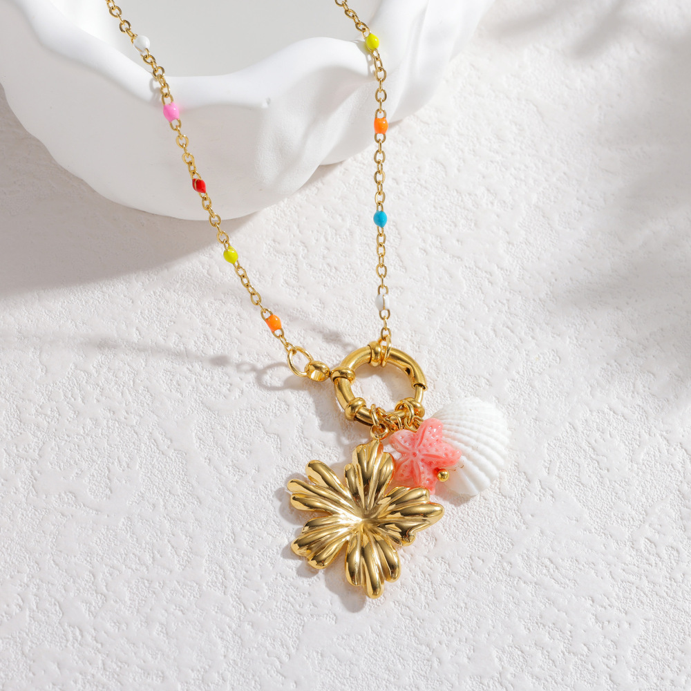 Colliers Pendentifs Pour Femmes, Style Océanique, Motif Floral Et Poisson, En Acier Inoxydable Étanche, Couleur Or