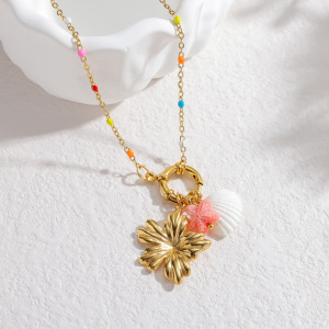 Colliers Pendentifs Pour Femmes, Style Océanique, Motif Floral Et Poisson, En Acier Inoxydable Étanche, Couleur Or h5