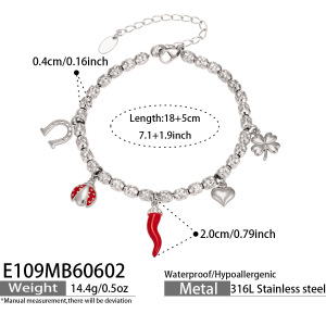 Bracelet À Breloques Pour Femme, Collection Luxueuse Series, Motif Trèfle Et Piment, En Acier Inoxydable Étanche, Couleur Or. h5 