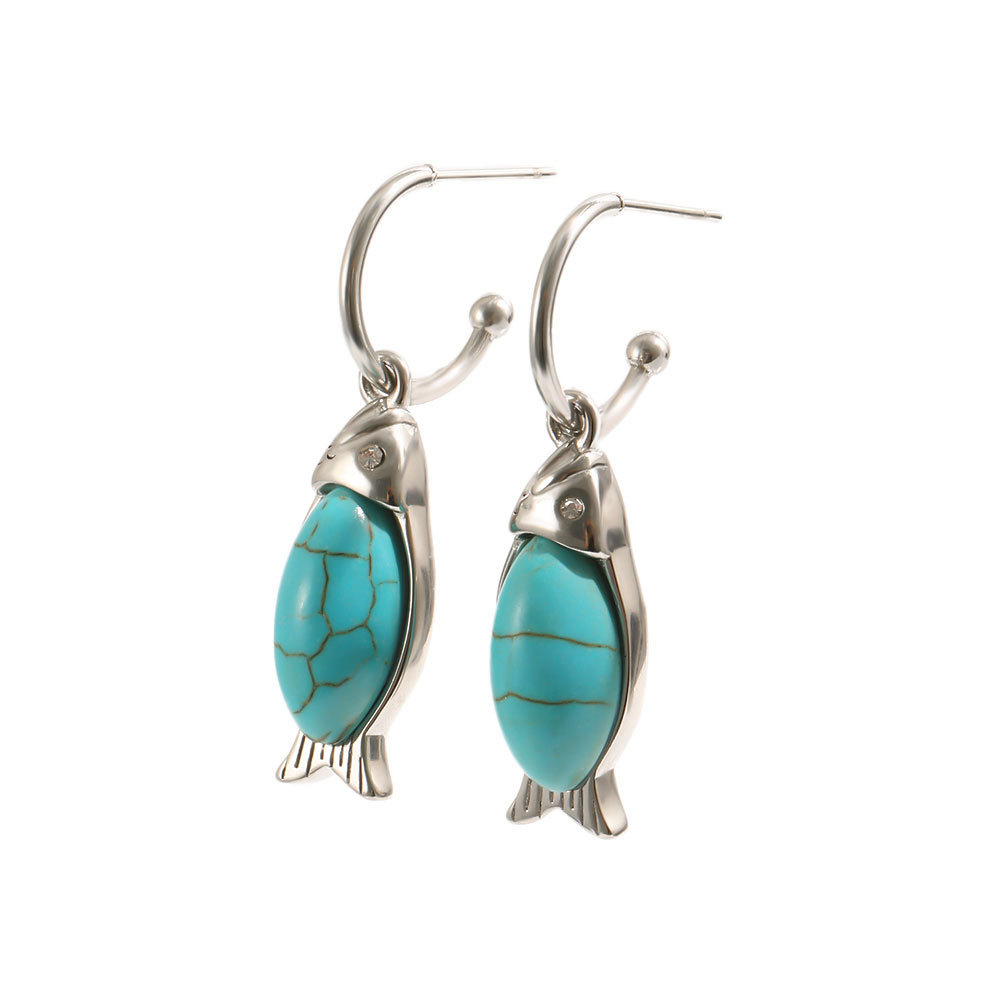 Boucles D'Oreilles Pendantes Pour Femme, Style Rétro, En Acier Inoxydable, Couleur Or, Avec Pierre Naturelle, Style Poisson, Série Simple. Image5