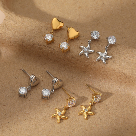 Boucles d'oreilles pendantes pour femme, en acier inoxydable, imperméables, couleur or, avec zircon et motif cœur et étoile.