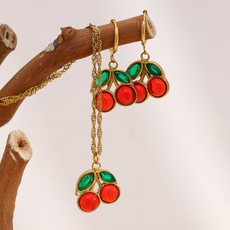 Ensembles de bijoux pour femmes en acier inoxydable doré, étanches, de la collection Romantic Series Sweet Cherry