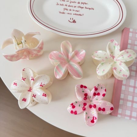 Pinces à cheveux en acétate cerise, motif fleur douce, cœur, nœud, rayures et carreaux, coloris mélangés 2