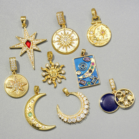 Pendentifs pour femmes, série classique, forme irrégulière, soleil, cercle, lune, acier inoxydable, étanche, couleur or 2