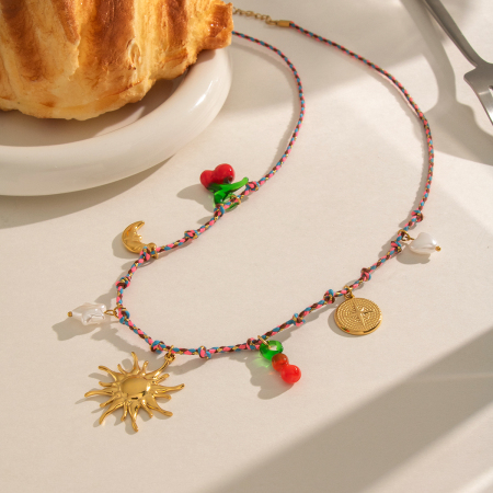 Colliers tressés pour femmes, collection Romantique, motif fruits et soleil, en acier inoxydable doré et perles. 2
