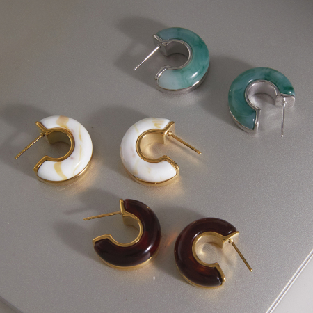 Boucles d'oreilles puces rondes rétro en résine pour femmes, collection Simple Series