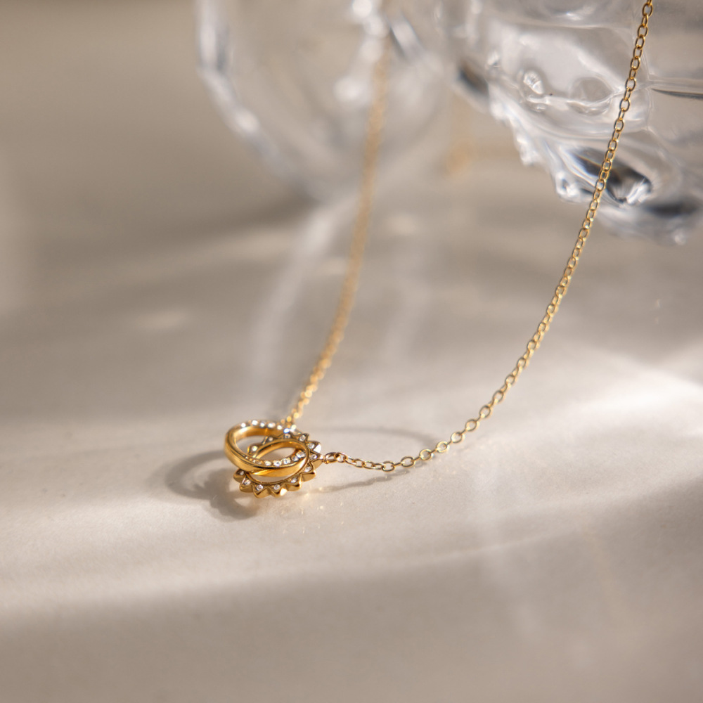 Colliers Pendentifs Pour Femmes, En Acier Inoxydable Étanche, Avec Pendentif Cercle Soleil Et Strass Couleur Or h5Image2