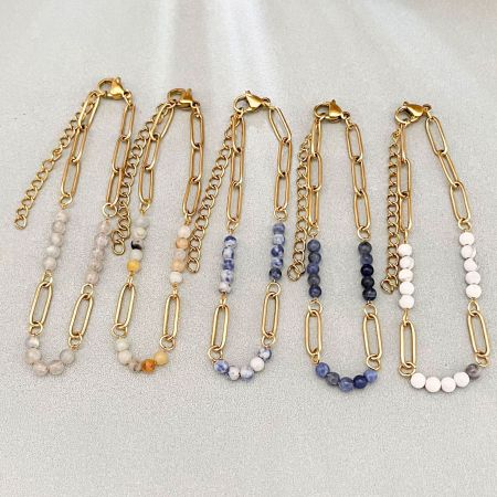 Bracelet Femme En Perles Rétro Simples, Chaîne En Acier Inoxydable Étanche Couleur Or Et Pierres Naturelles 2